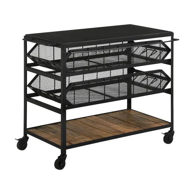 39 Inch Storage Cart, Lockable Caster Wheels, Wood Grain Details, Black