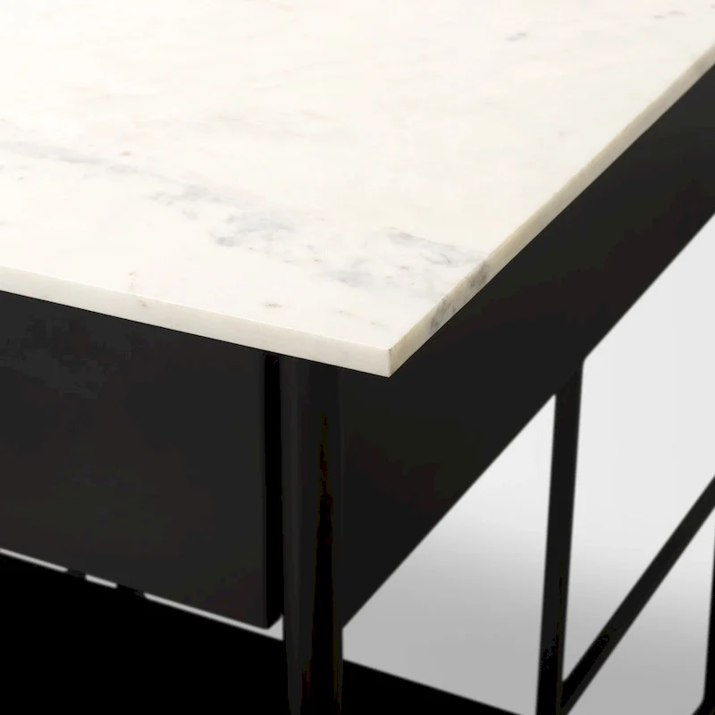 White Marble Kitchen Island with Black Metal Frame - 3 Drawers