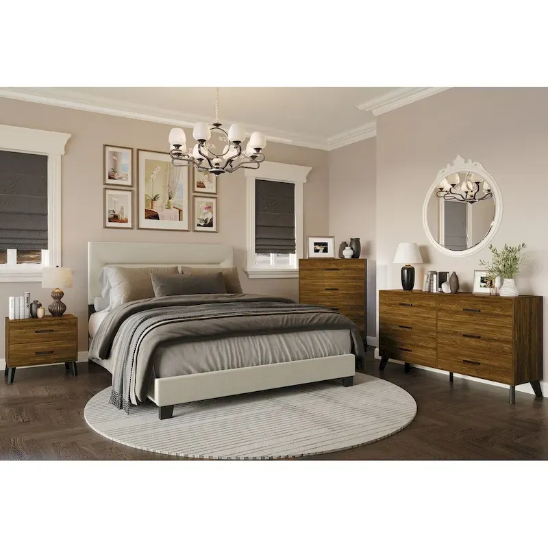 CraftPorch 4-pieces Contemporary Beige Bed with Brown Furniture Bedroom Set