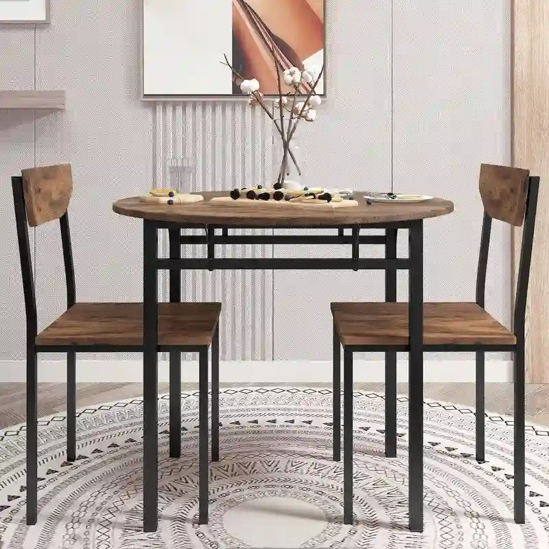 3 Piece Drop Leaf Dining Table Set, Modern Counter Height Round Dining Set with 2 Chairs, Wood Small Kitchen Table Set