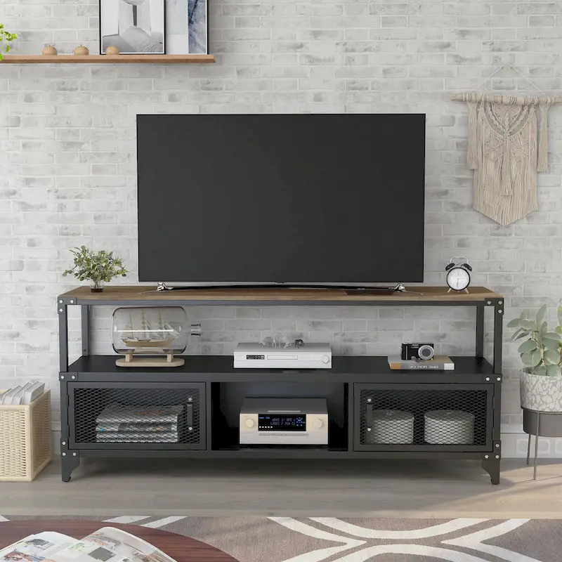 Country Style Black and Dark Walnut 70-inch Steel Double-Layer TV Stand