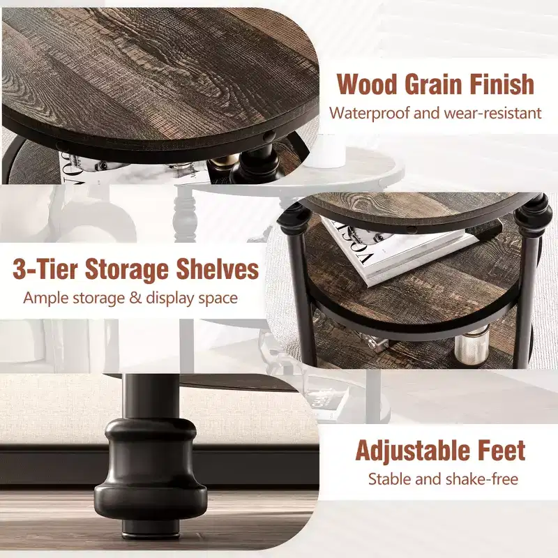 CuisinSmart 3 Tiers Round End Table with Storage Shelves, Rustic Round Farmhouse Side Table with Mental Support Legs for Living Room Bedroom