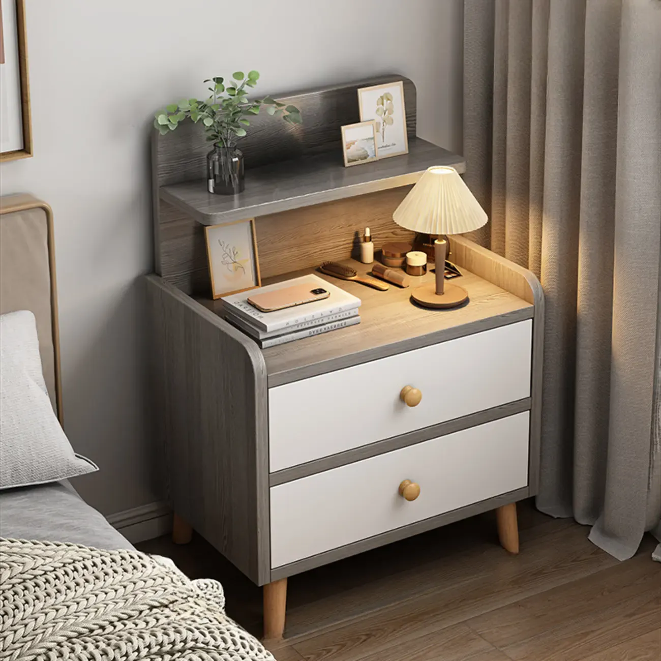 Modern Wooden Three-layer Bedside Table with Lamp Shelf