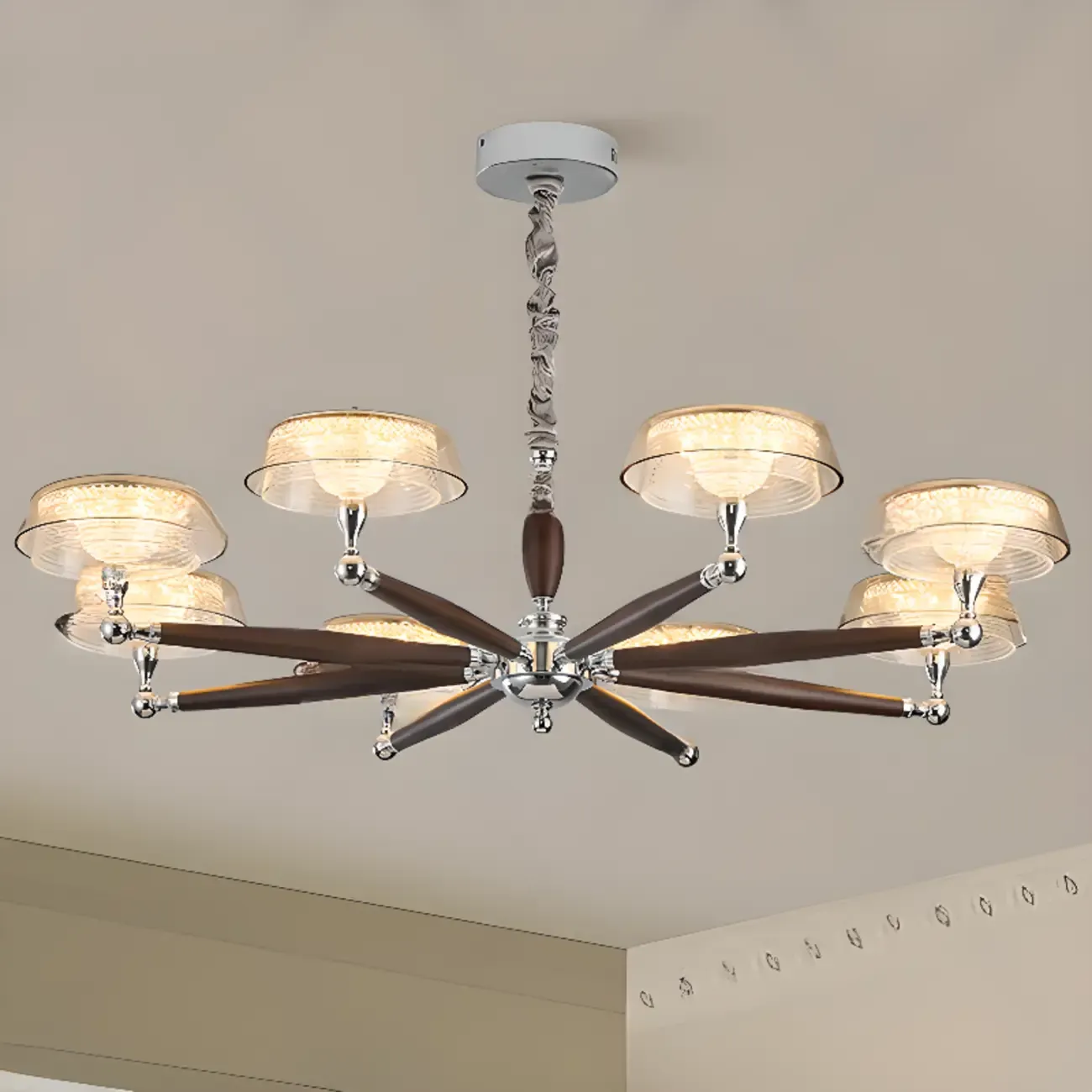 Brown Linear Wood Glass Modern Crystal Chandelier Light