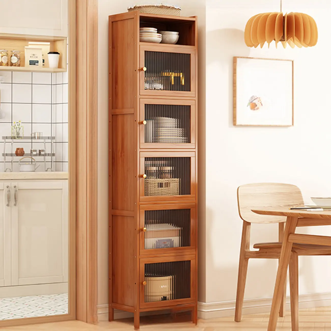 Modern Narrow Bamboo Buffet with Wooden Countertop