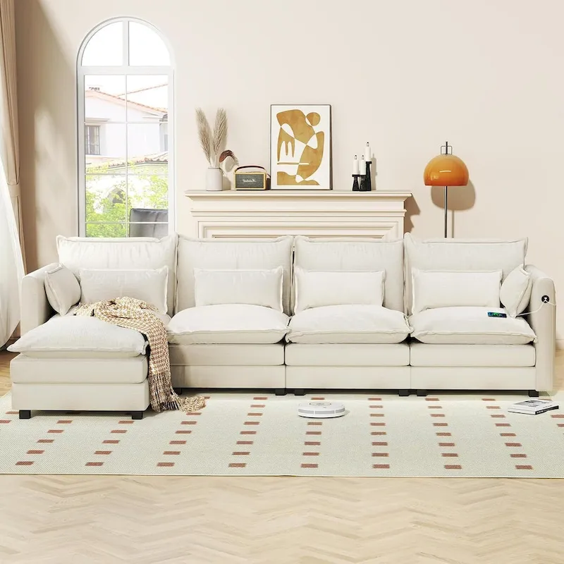 Modular Sectional Sofa L Shaped Couch, 3/4 Seat Sofa Set with Ottoman, Chenille Fabric