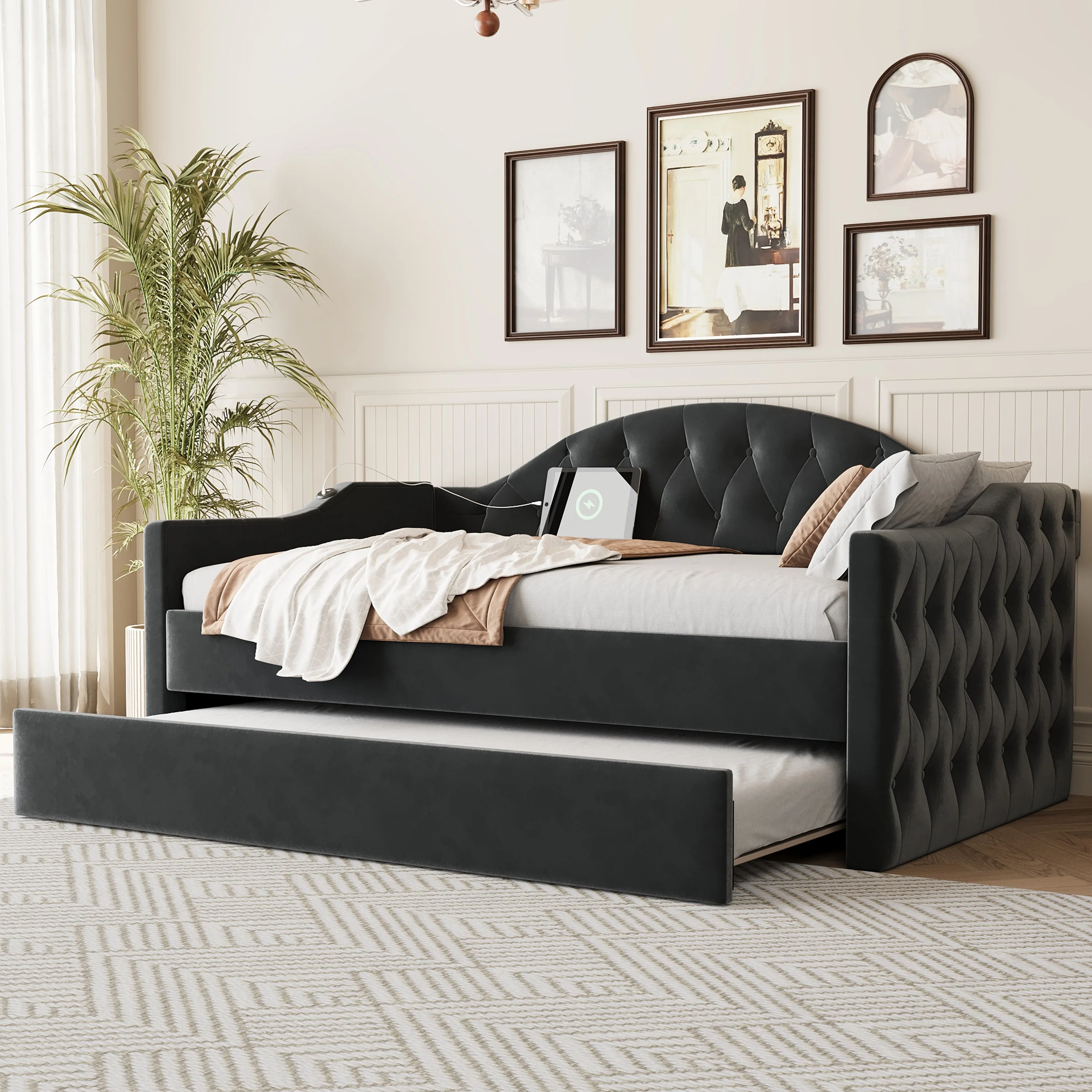 Velvet Tufted Twin Size Daybed with Trundle and USB Ports