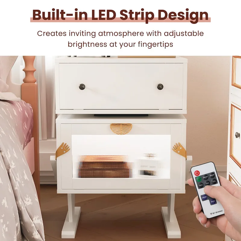 Nightstand with Rotating Drawer and LED Light Strip