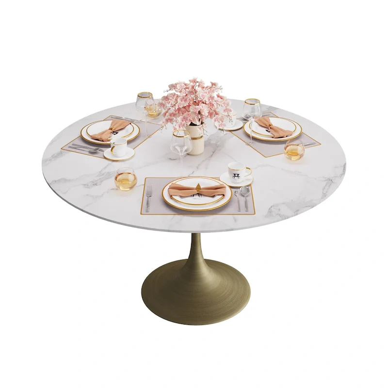 Modern Faux Marble Top Iron Pedestal Dining Table