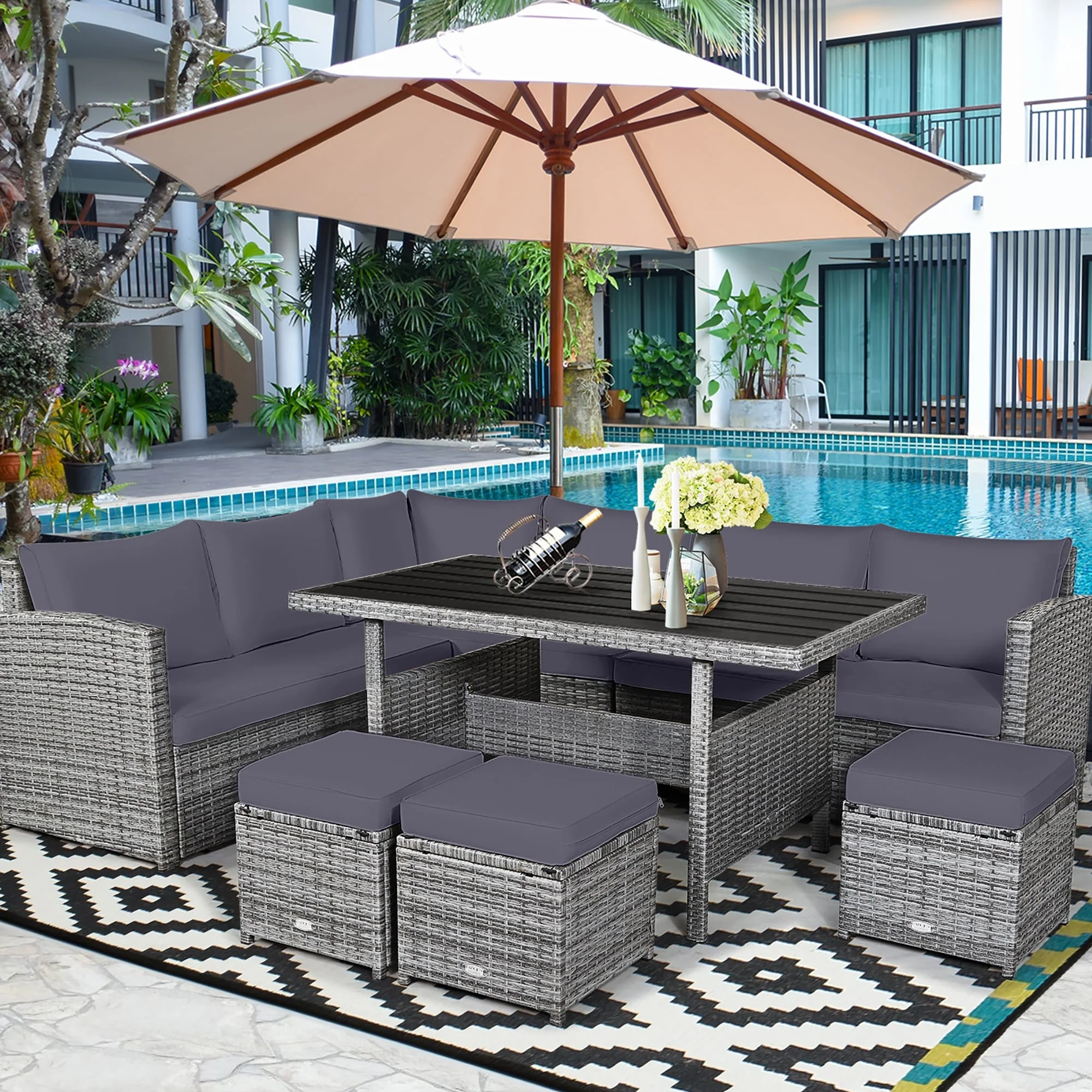 Costway 7 PCS Patio Rattan Dining Set Sectional Sofa Couch Ottoman - See Details