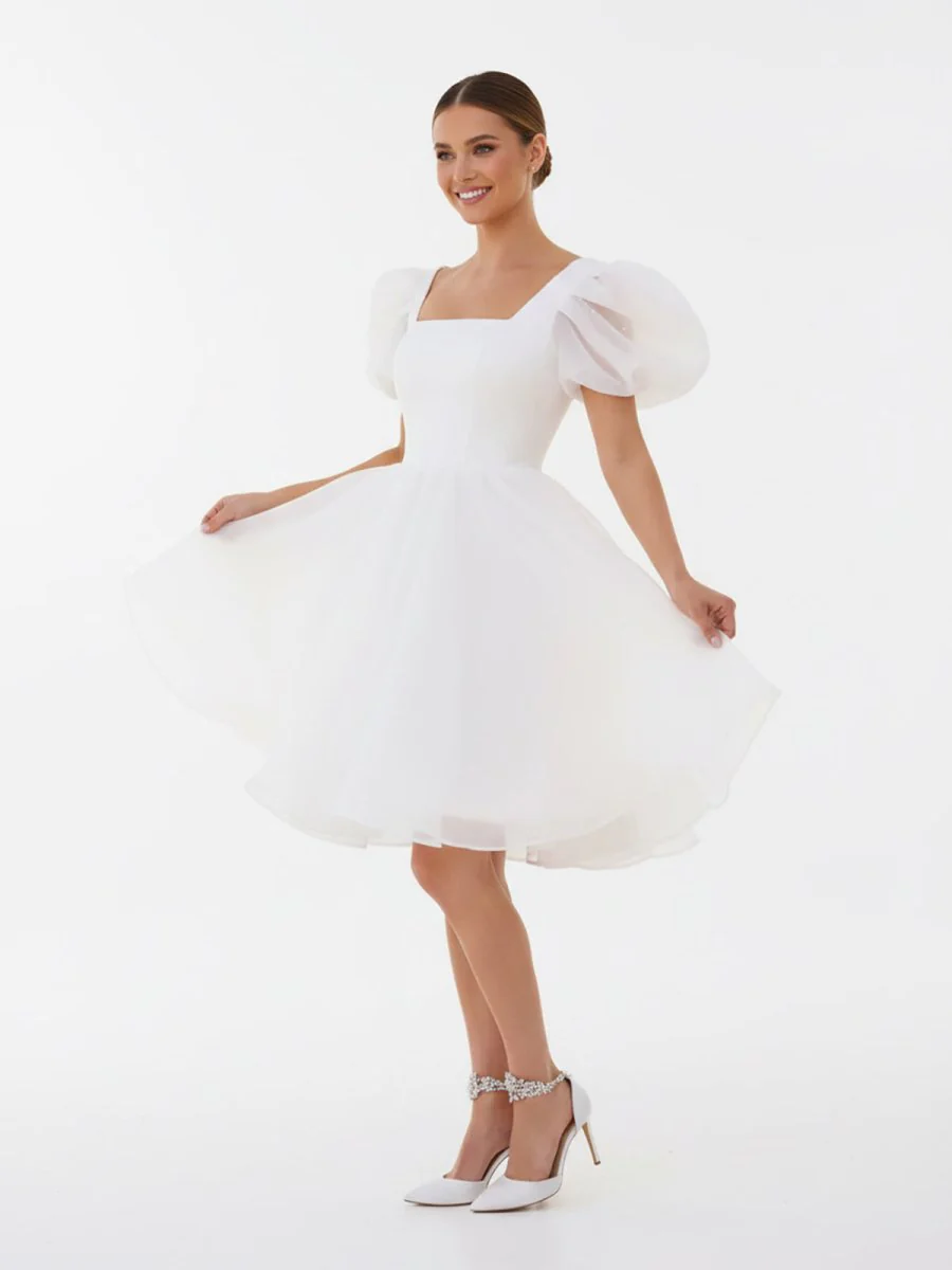 A-Line Square-Neck Short Wedding Dress With Puffy Pearls Sleeves