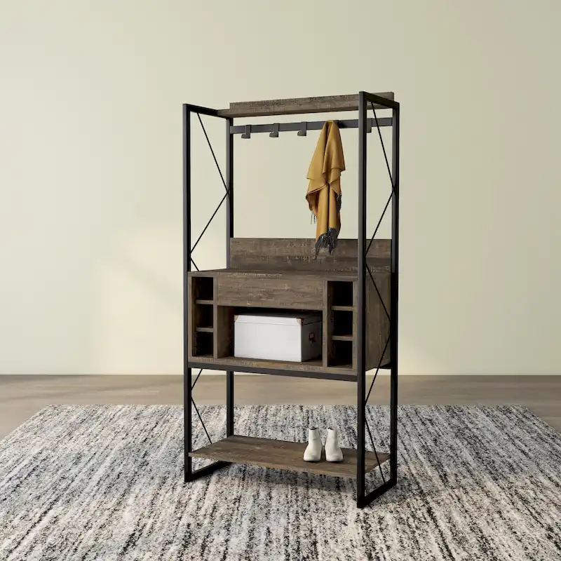 DH BASIC Industrial Reclaimed Oak 67-inch Metal 6-Wine Slots Baker's Rack by Denhour