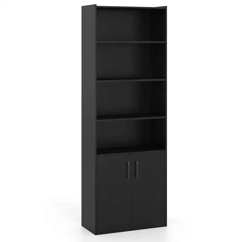 Costway 70 Bookcase with Adjustable Shelves with 2-Door Cabinet Multipurpose Display Rack White/Natural/Black/Gray
