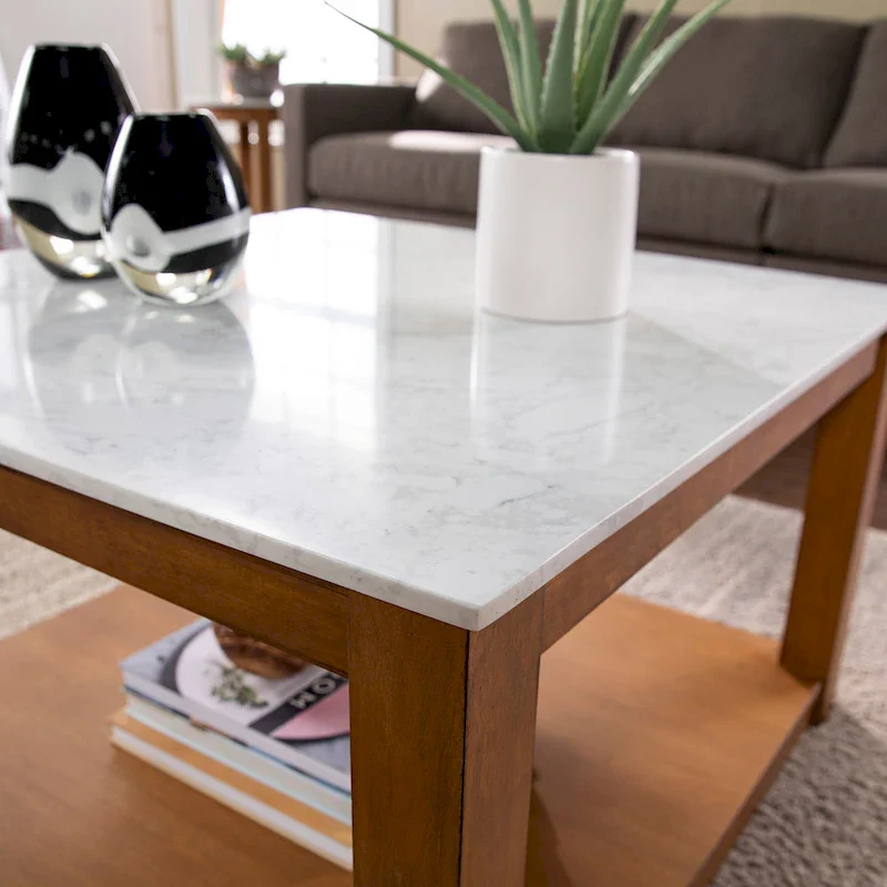 Coffee Table 30 Square Faux Marble Top 2-Tier Wood Shelf White Natural Transitional