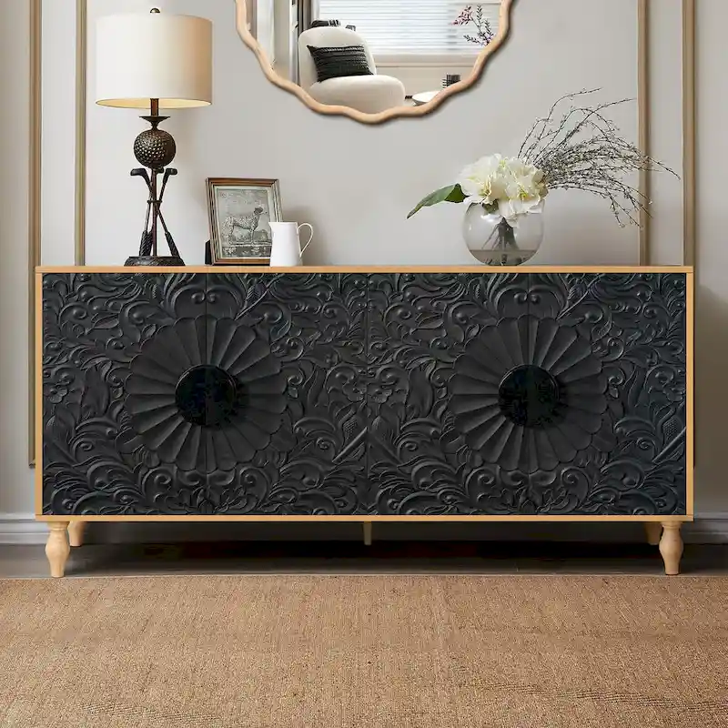 Natural / Black White, 2-Door Carved Sideboard