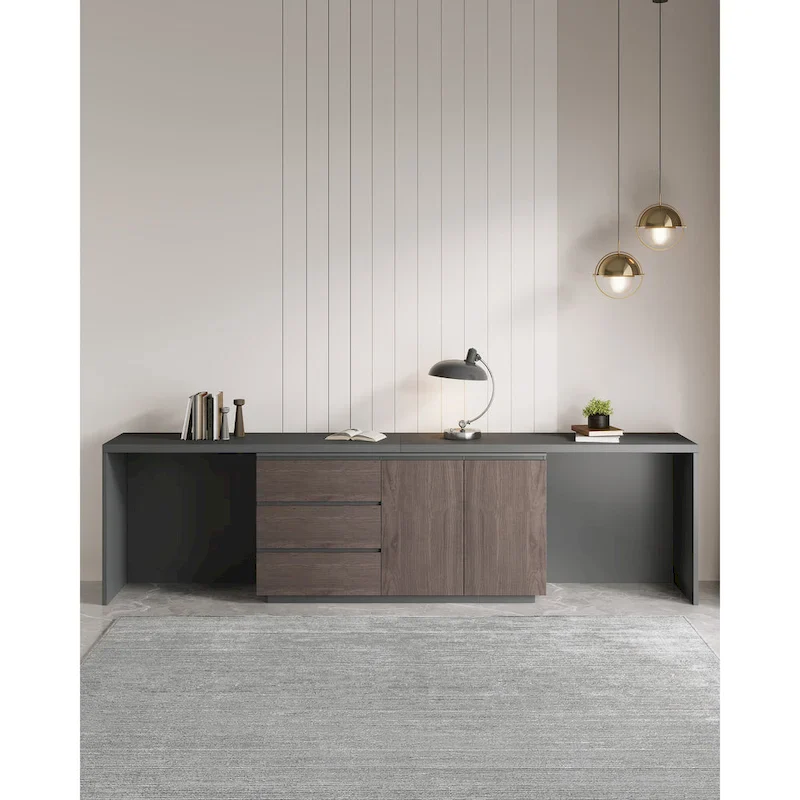 Black & Brown L-Shaped Double Workstation Desk with Drawers & Cabinets – 2-Person