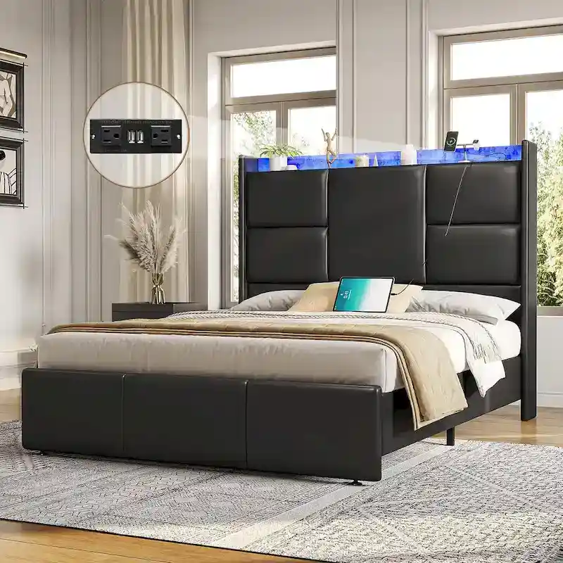 Bed Frame with Tall Stroage Headboard Platform Bed Frame