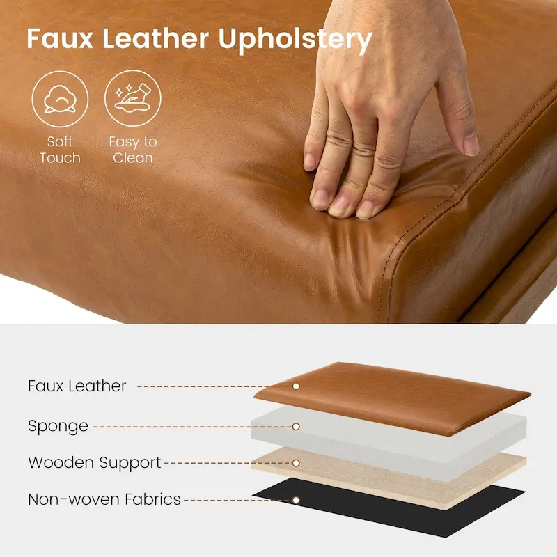 Brown Mid-Century Faux Leather Ottoman Accent Stool, Set of 2