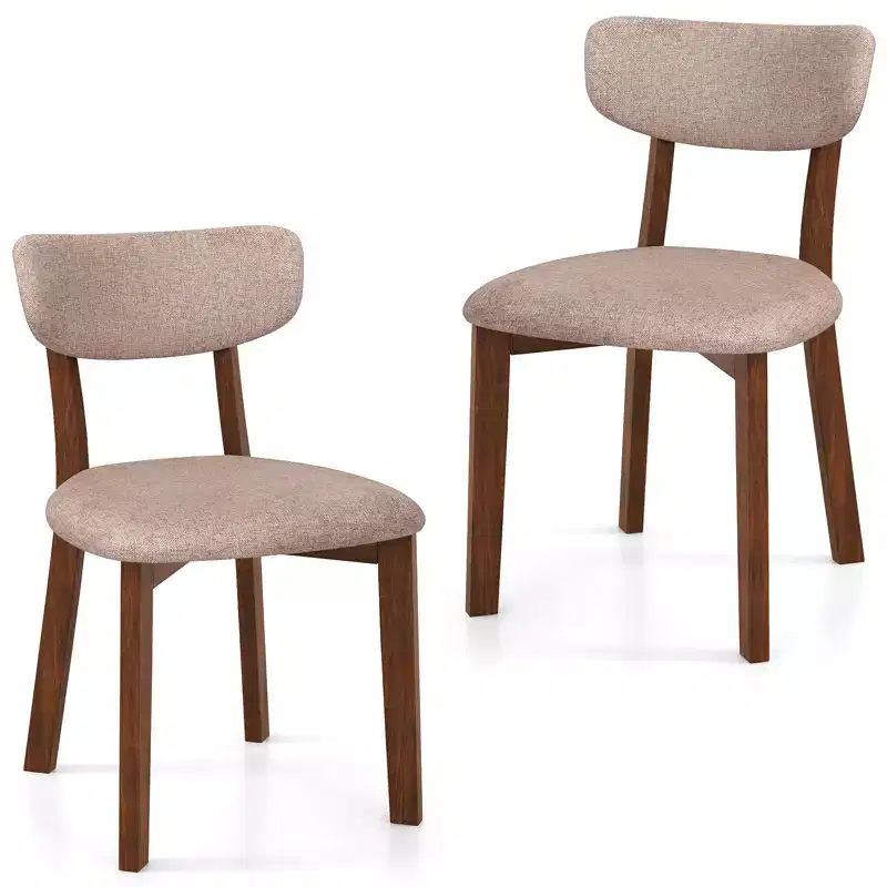 Costway 2 PCS Upholstered Dining Chairs Set of 2 with Solid Rubber Wood Frame, Curved Backrest Brown/Grey