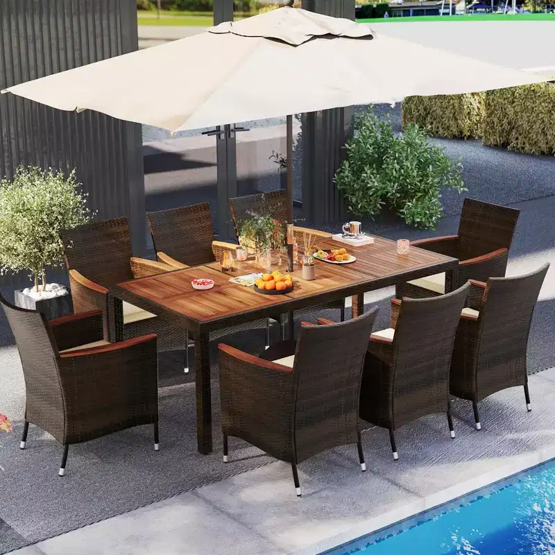 Costway 9PCS Patio Rattan Dining Set Armrest Cushioned Chair with Acacia Wood Table, 1.96 Umbrella Hole
