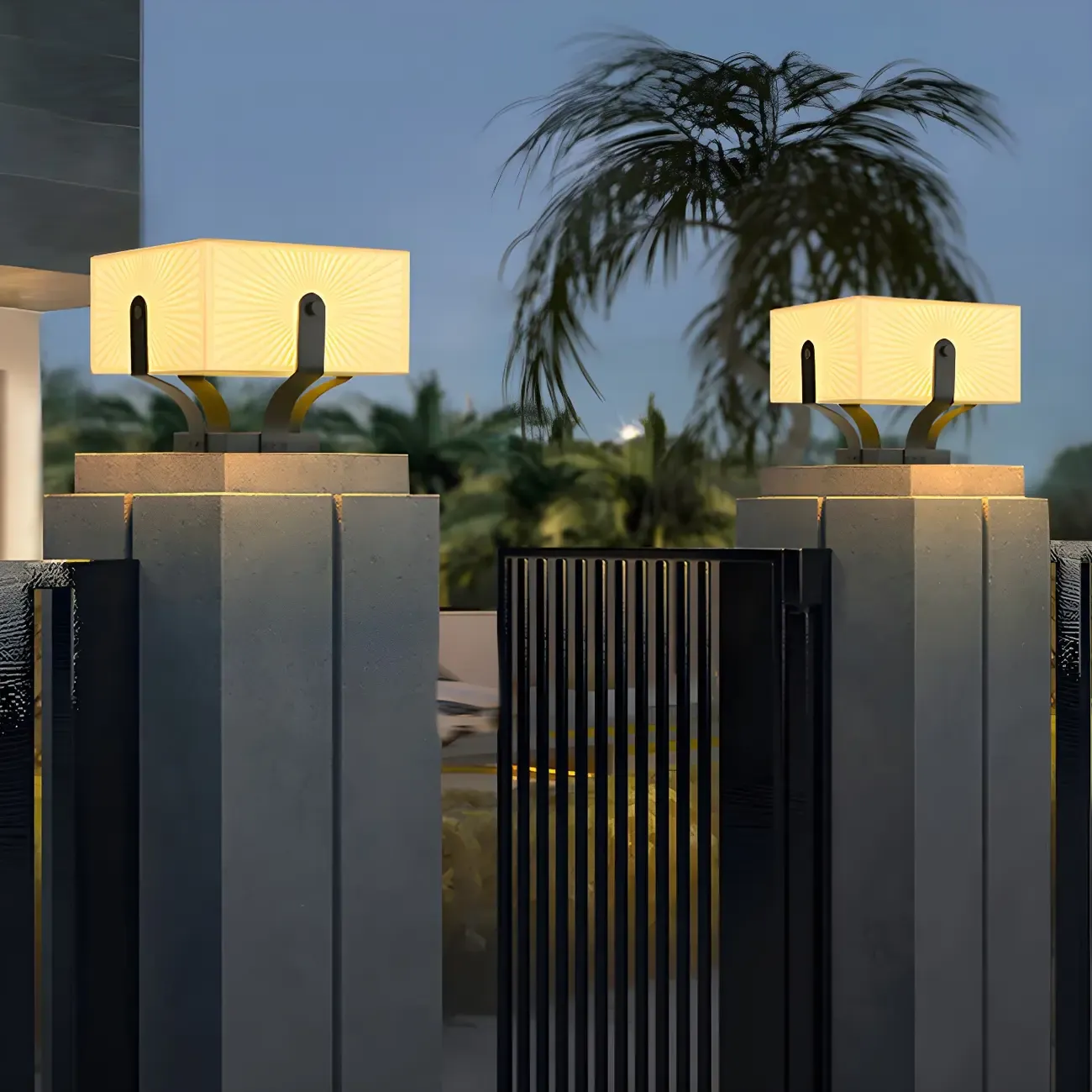 Black Elegant Bracket Post Cap Light with Beige Cubic Shade