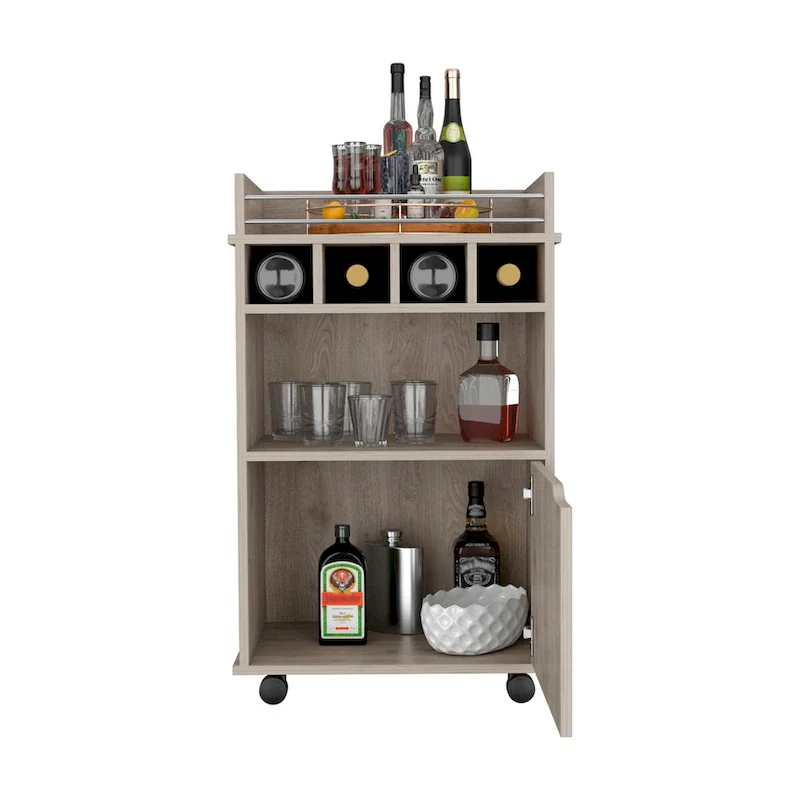 Bar Cart with 2 Open Shelves 4 Cubbies and Cabinet