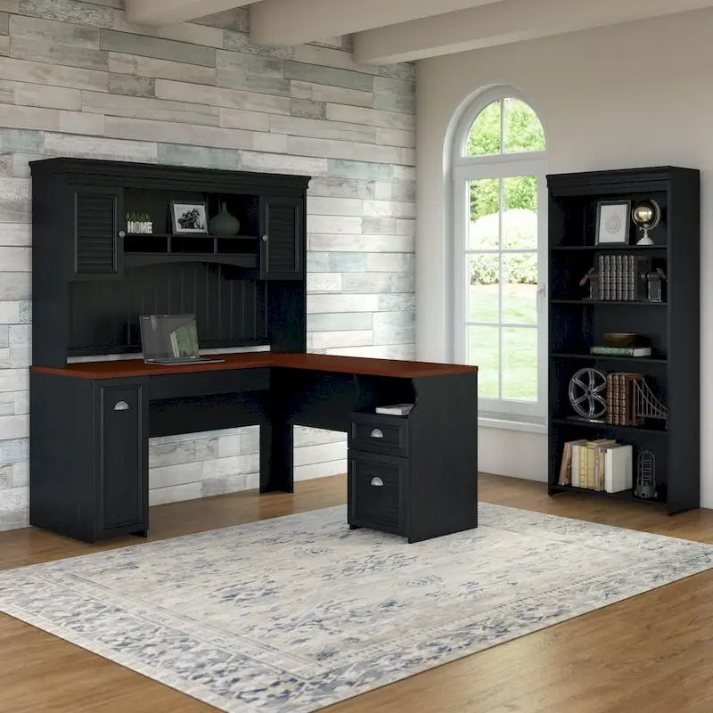 Fairview 60W L Shaped Desk with Hutch and Bookcase by
