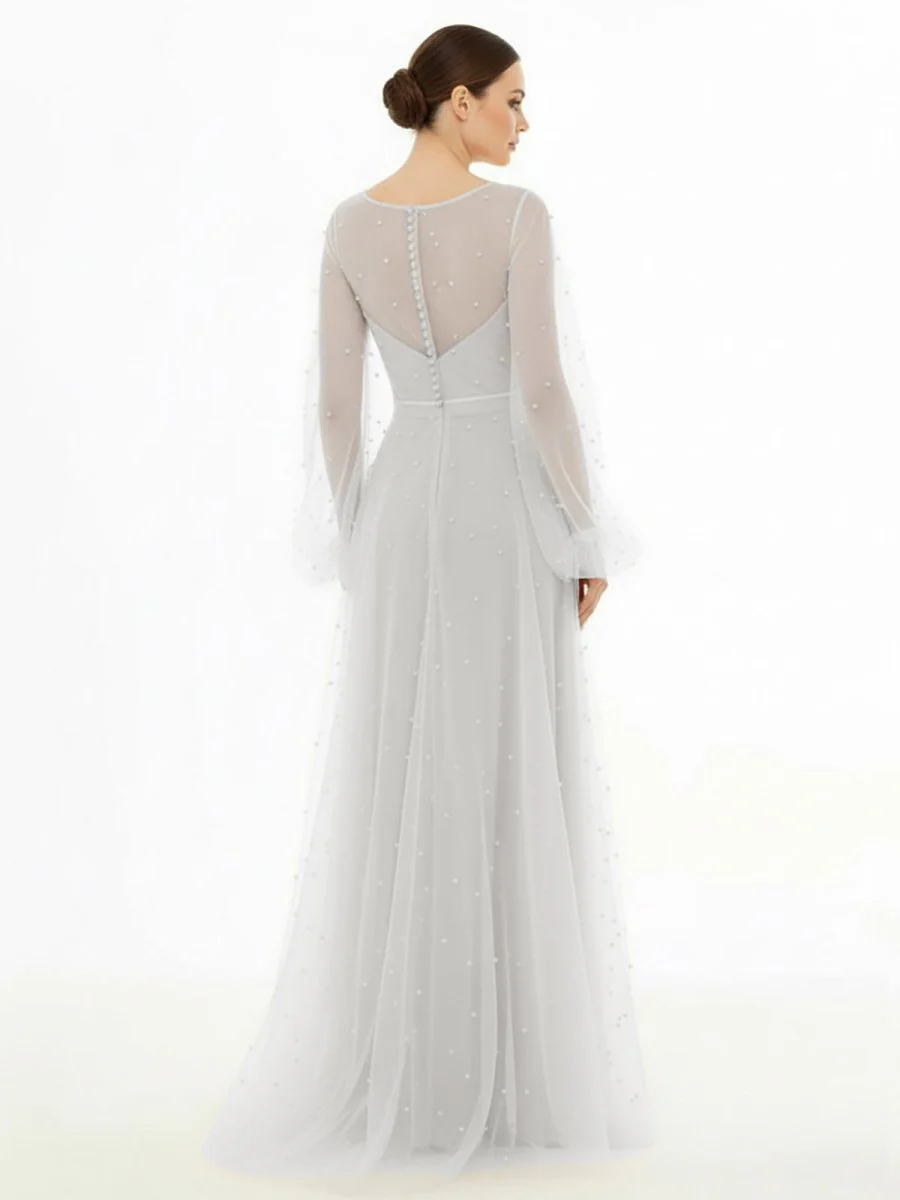 Simple Modest A-Line Long Sleeve Tulle Elopement Illusion Wedding Dress with Pearl