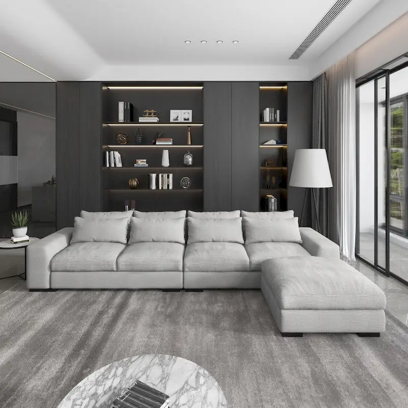 150 Wide L-Shape Linen Sofa Couch, Modern Feather Filled Sectional Sofa Couch with Ottoman