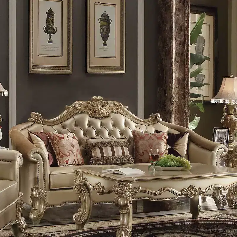 Acme Furniture Vendome II Sofa Bone Synthetic Leather/Gold Patina