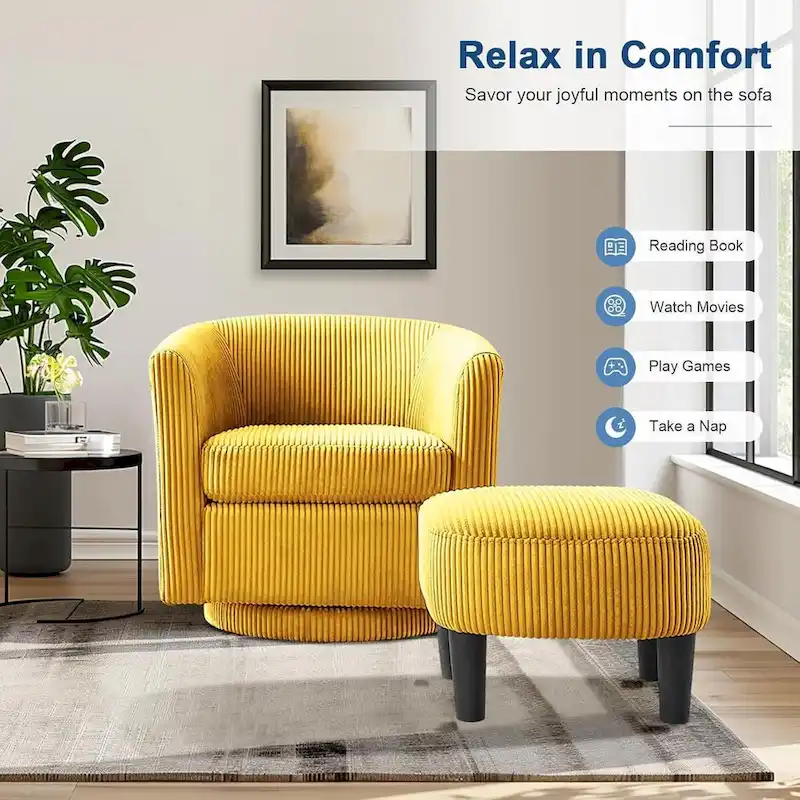 360 Swivel Accent Chair with Ottoman, Barrel Chair with Upholstered