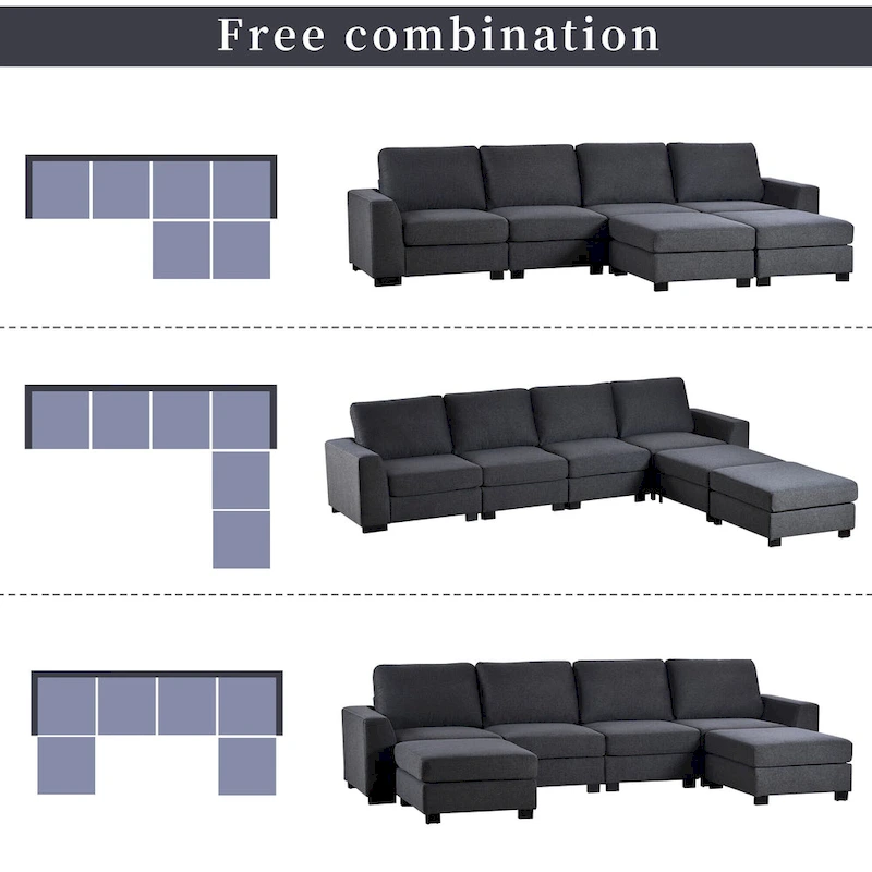3 Pieces U shaped Sectional Sofa with 2 Removable Ottomans