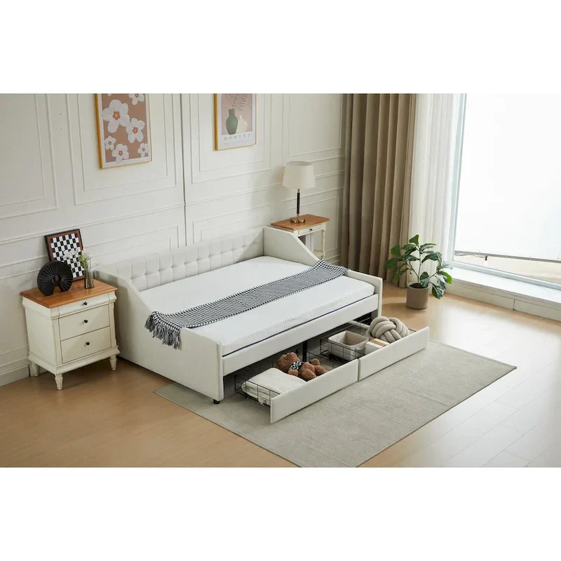 Modern Upholstered Sofa Bed with 2 Drawers and Wooden Frame, Vertical Stripes