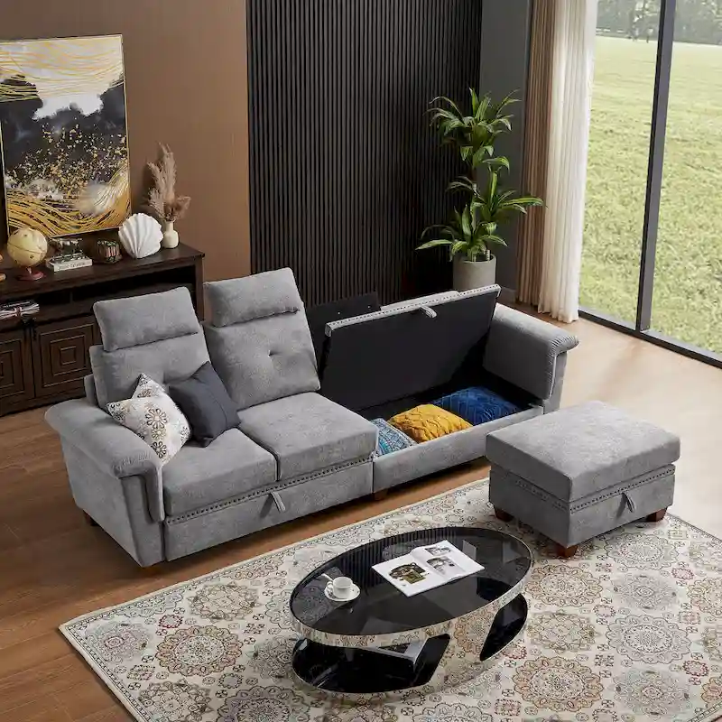 Modern 4-Seater Sectional Sofa with Hidden Coffee Table, Adjustable Headrest & Storage, Towelling Fabric