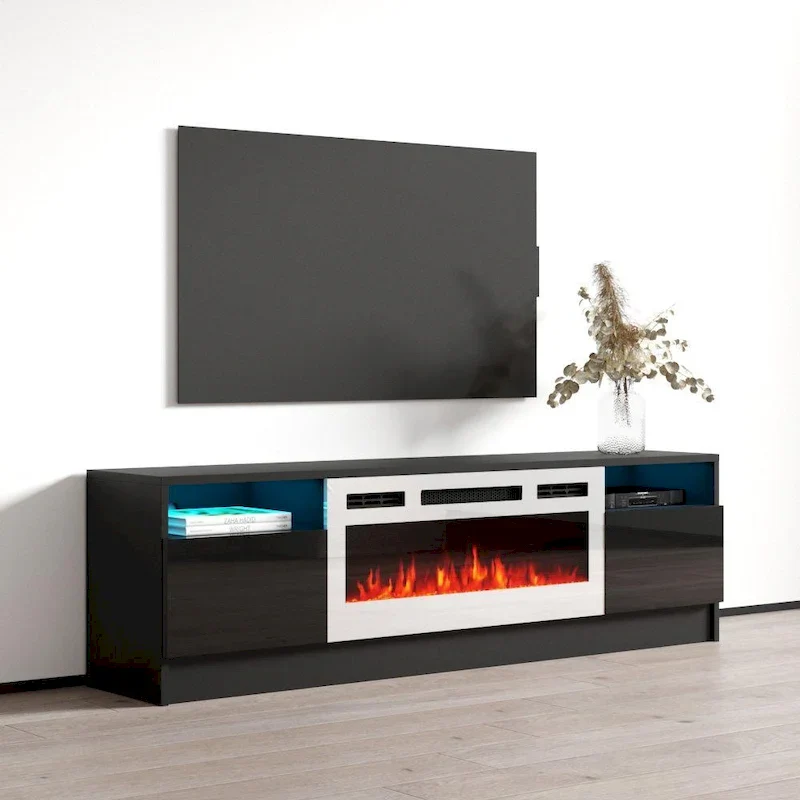 63 Inch TV Stand with Electric Fireplace Insert and LED Lighting