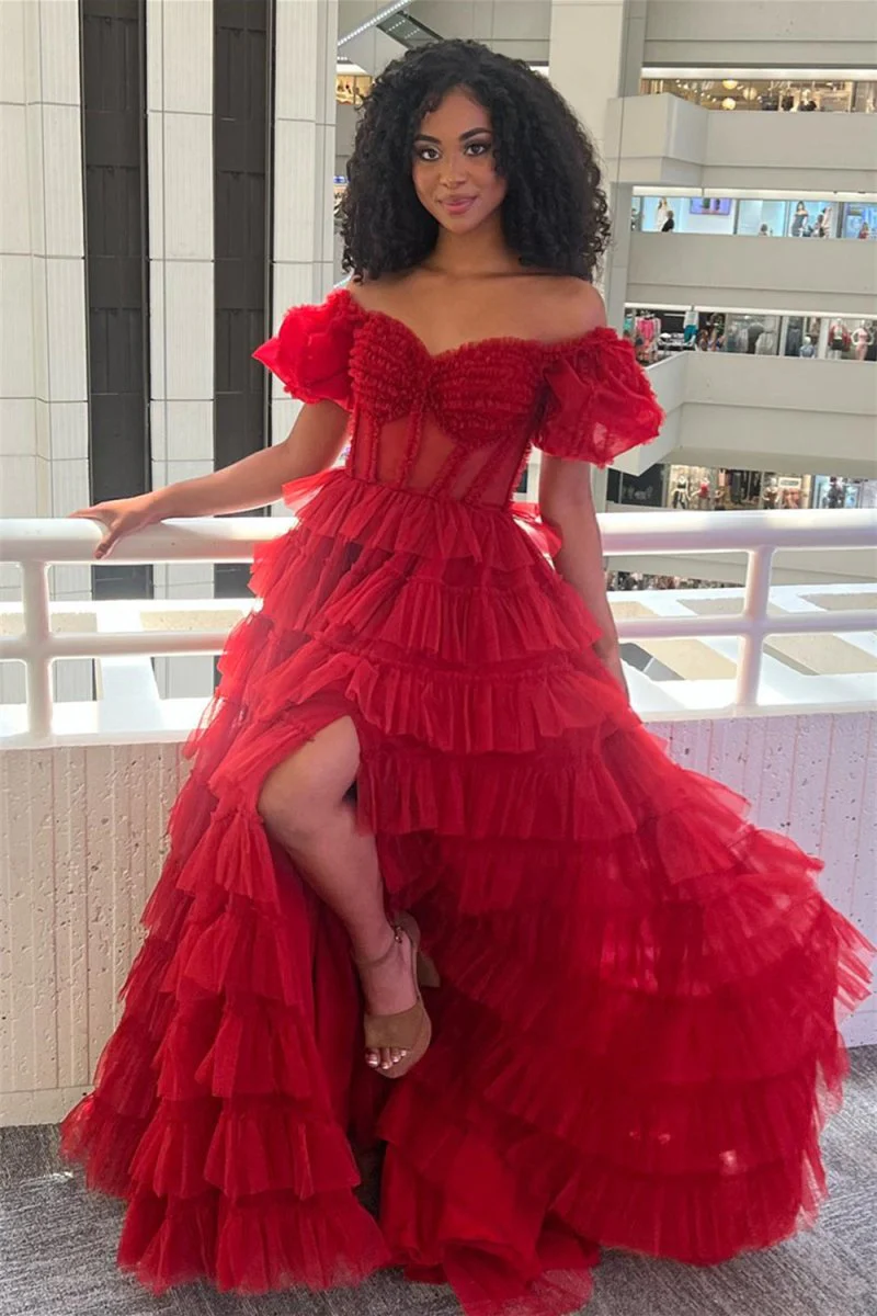 A-line Off-the-Shoulder Tulle Prom Dress with Slit
