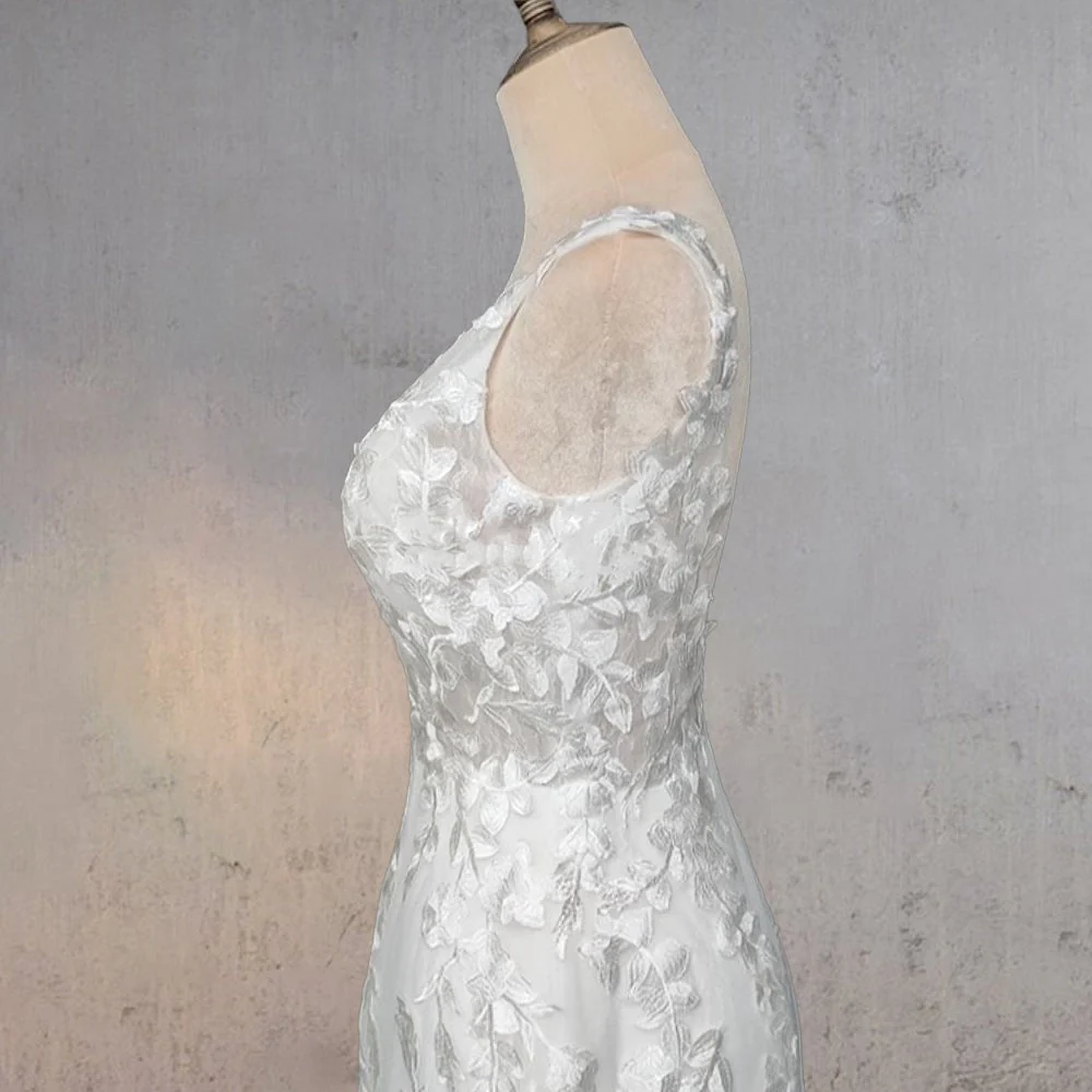 Mermaid Lace Illusion V Neck Sleeveless Backless Wedding Dress