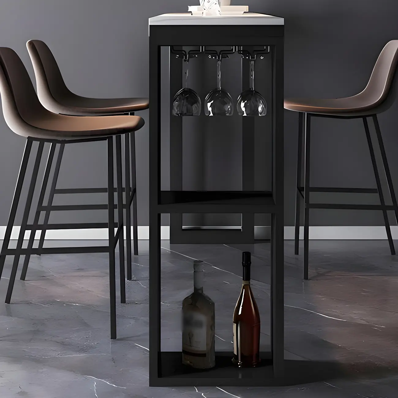 Modern Stone Top Metal Shelves Bar Table with Cup Holder