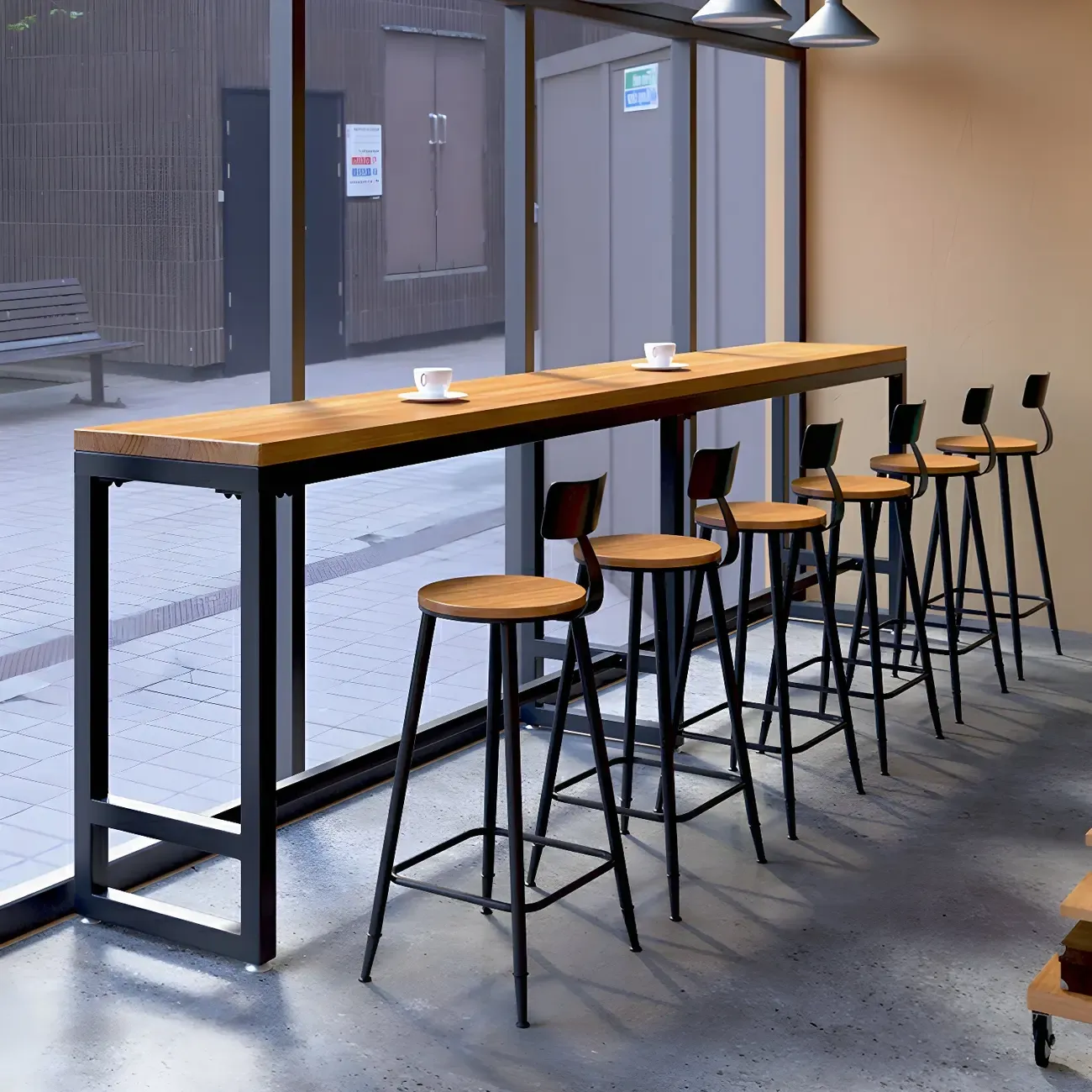 Modern Brown Wooden Iron Trestle Base Bar Table