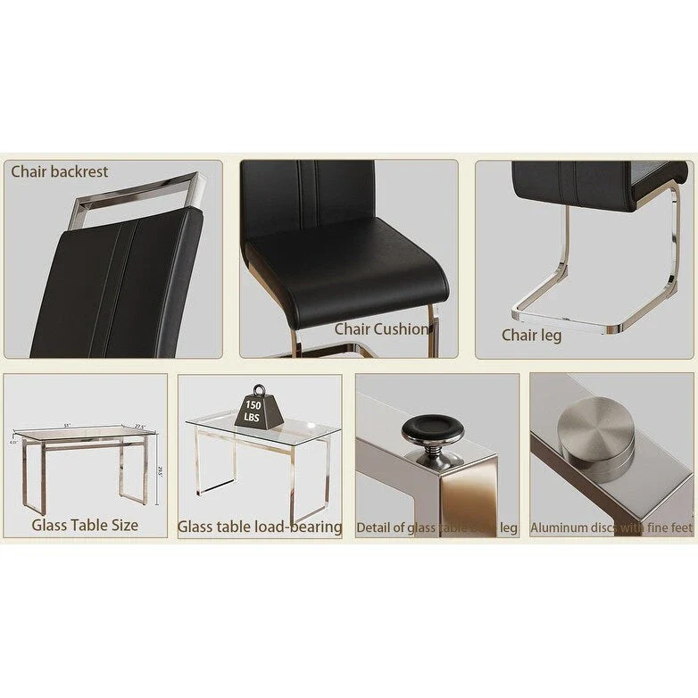 Modern 5-Piece Dining Set with Rectangular Glass Table & High Back Silver-Plated Legs Dining Armless Chairs