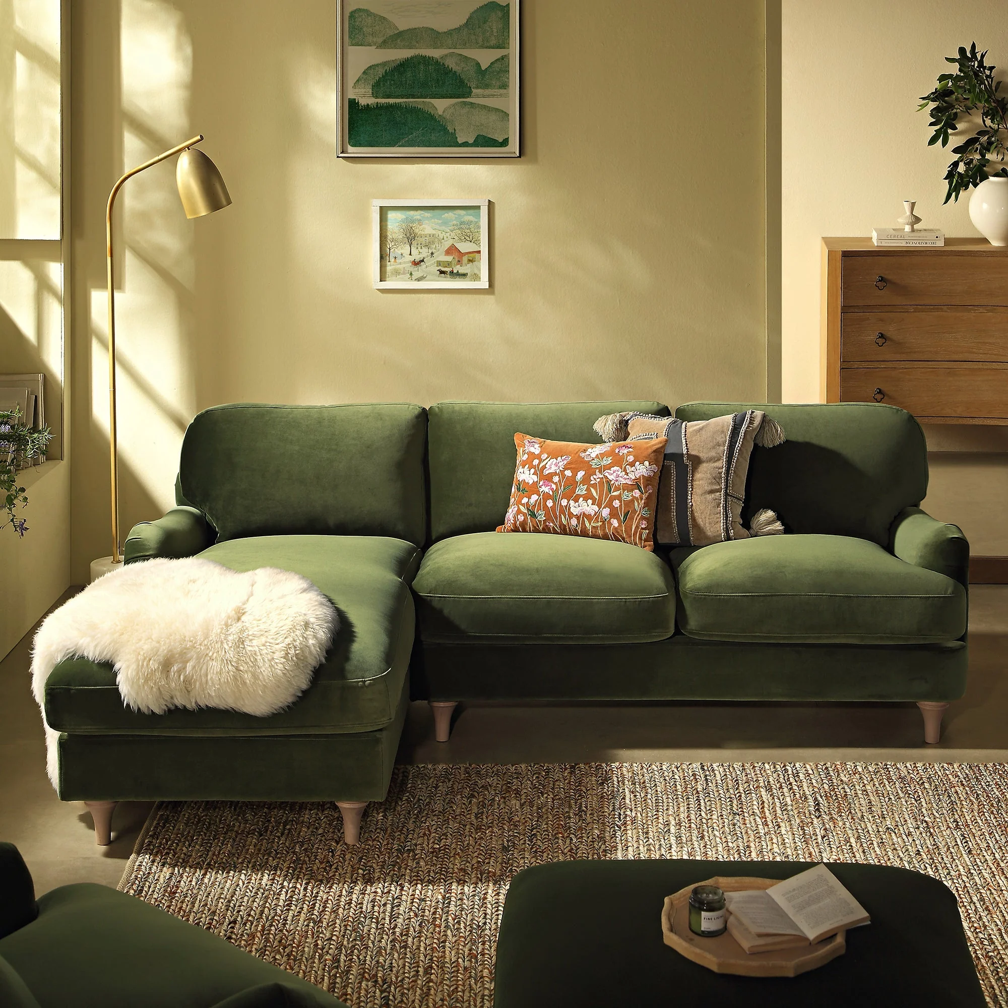 Fern Green Velvet Sofa, Grande Chaise Sofa Left Hand Facing