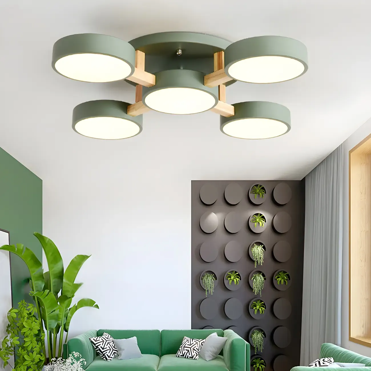 Green Drum Shade Semi Flush Ceiling Light 3-Gear Dimming