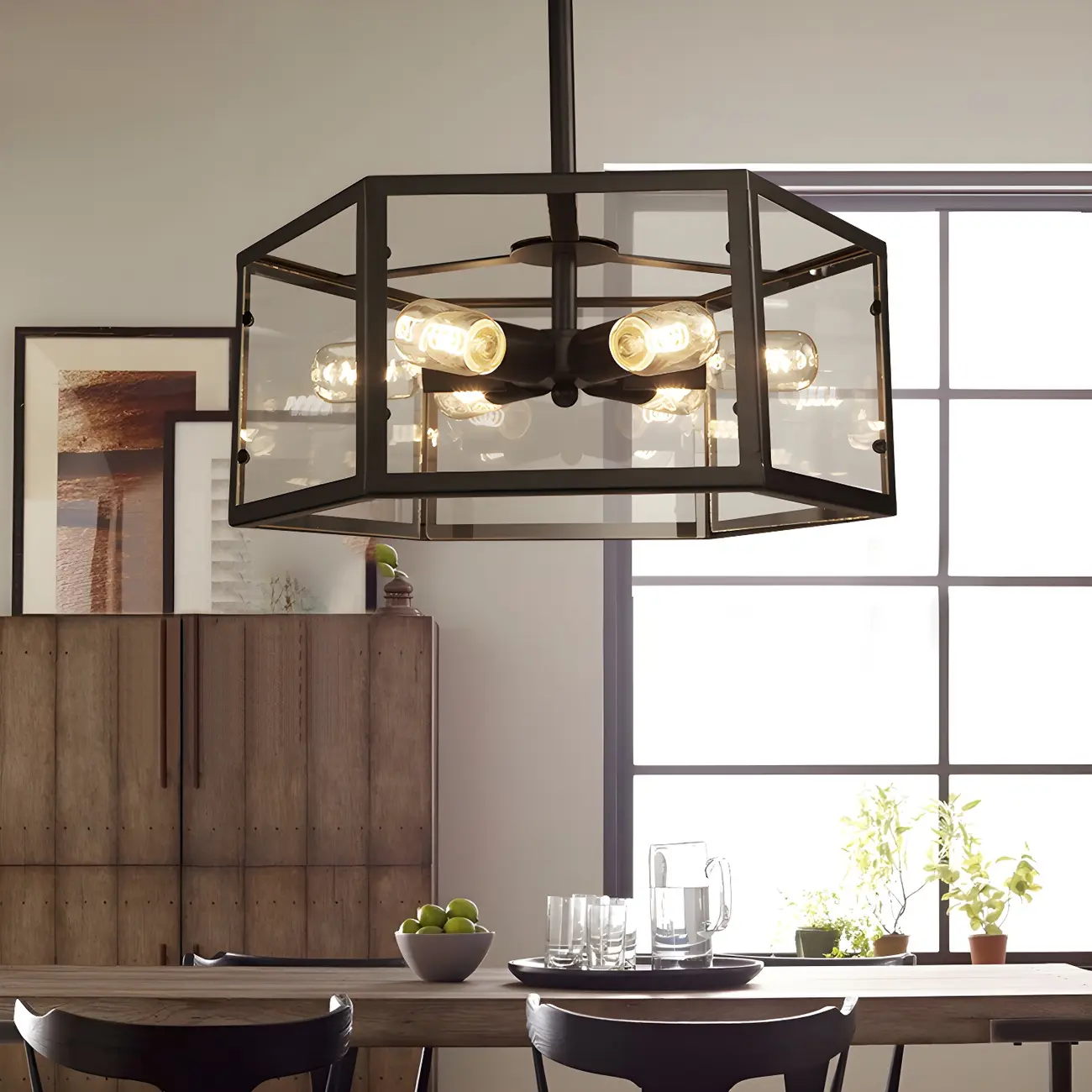 Industrial Black Hexagon Metal Semi Flush Ceiling Light