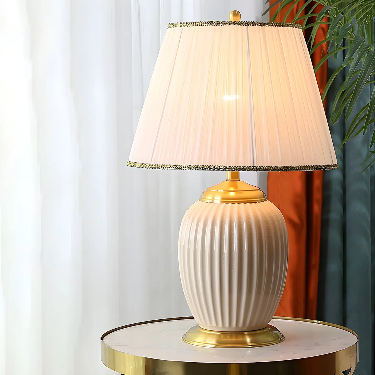 Plug-In Elegant Ceramic LED Table Lamp with Fabric Shade