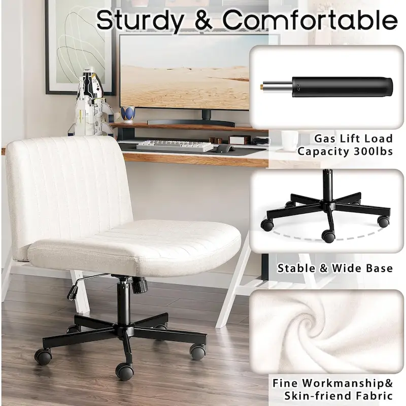 Bossin Criss Cross Chair Armless Office Desk Chair with Wheels,Fabric Padded Cross Legged Chair, Swivel Wide Seat Vanity Chair