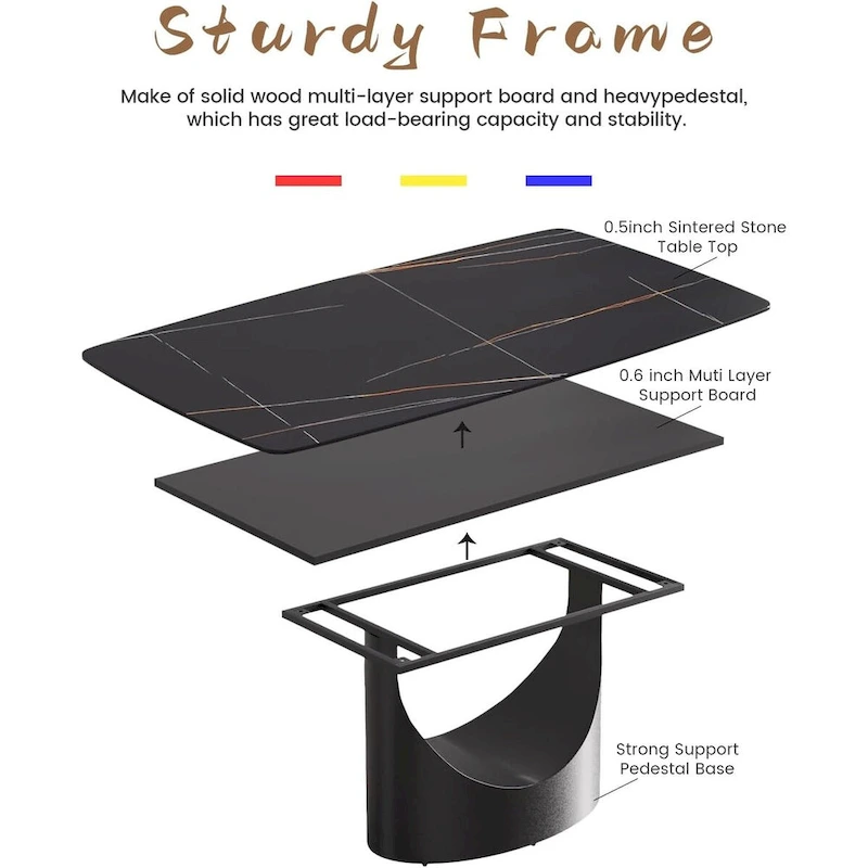 71 Black Marble Sintered Stone Table Top,Rectangle Dining Room Table with Unique U-Shape Black Carbon Steel Pedestal