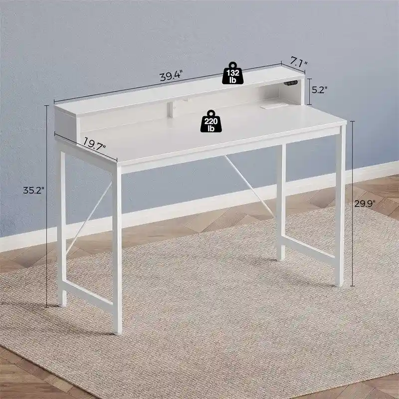 39-Inch Computer Desk with LED Lights and Built-In Power Strip