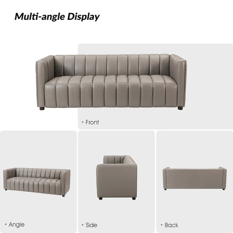 Modern Camel 83-Inch Genuine Leather Curved Couch with Channel Back