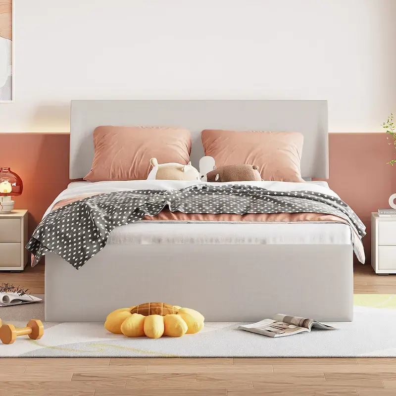 Queen Size Sleigh Bed with Side-Tilt Hydraulic Storage System, Linen Upholstery, Beige