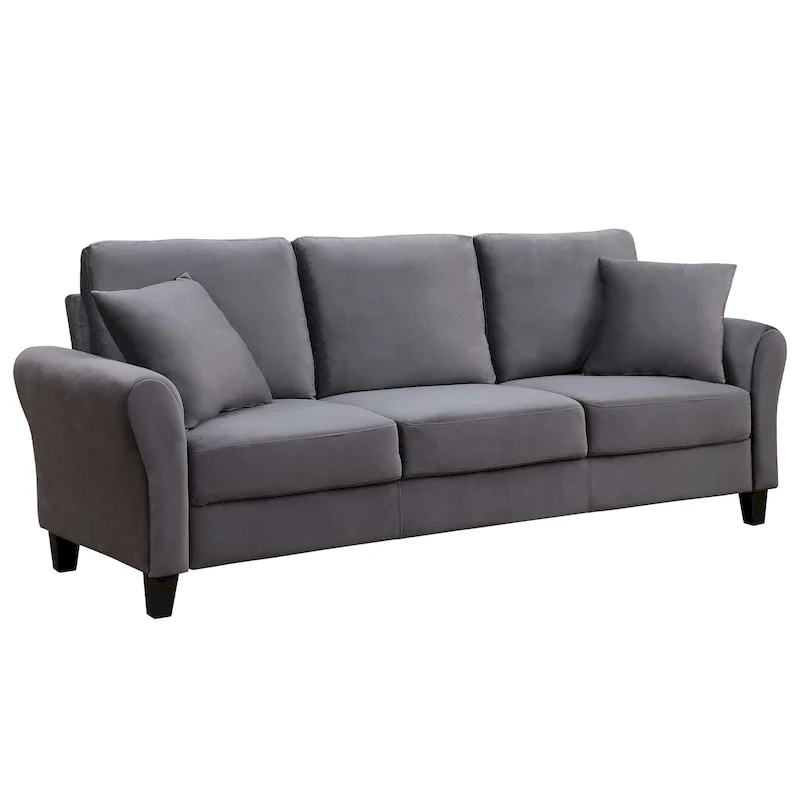 3-Seater Velvet Sofa with 2 Pillows, Black/White/Grey, Wood Frame, 3-Person